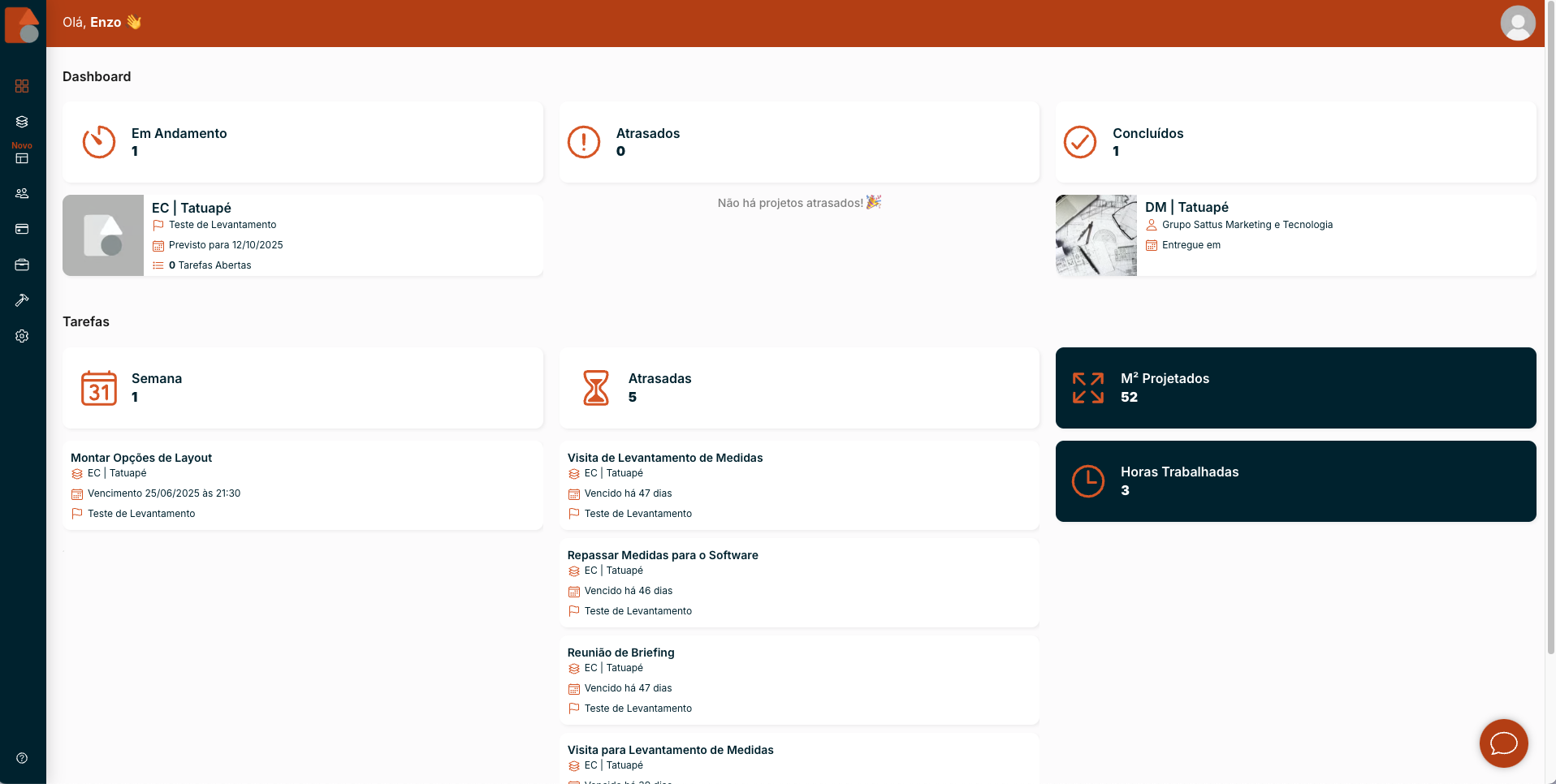 Dashboard principal do Gesttarq mostrando projetos em andamento, concluídos e métricas